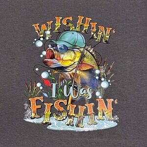 Gildan Wishin I Was Fishin Graphic T-Shirt Charcoal Grey Large Heavy Cotton